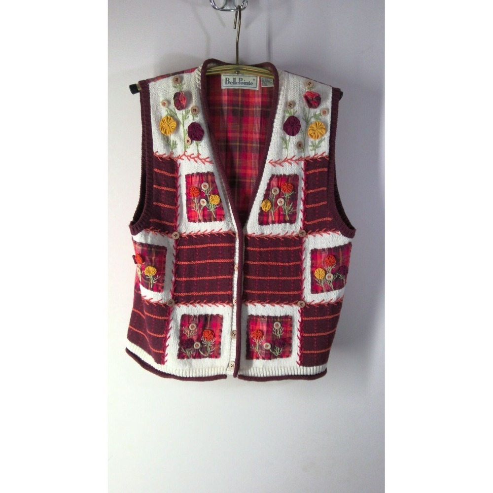 Belle Point Sweater Vest Flowers, Buttons, Patches, Red Plaid ‎ Back size M